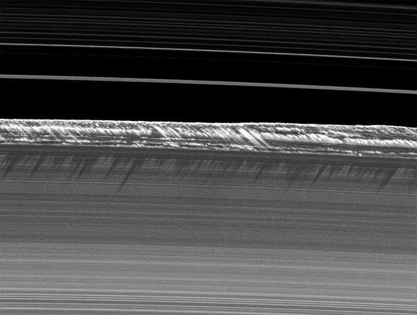 Icy particles along Saturn's B ring rise dramatically in mile-high spikes, seen by Cassini in August 2009. (NASA/JPL-Caltech/SSI)