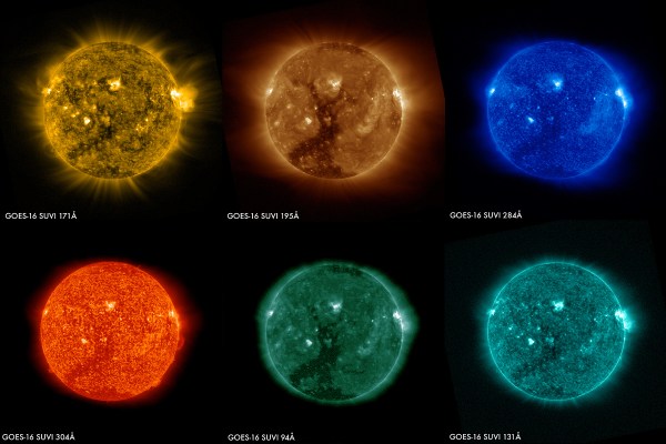 These images of the sun were captured at the same time on January 29, 2017 by the six channels on the SUVI instrument on board GOES-16 (Credit: NOAA)